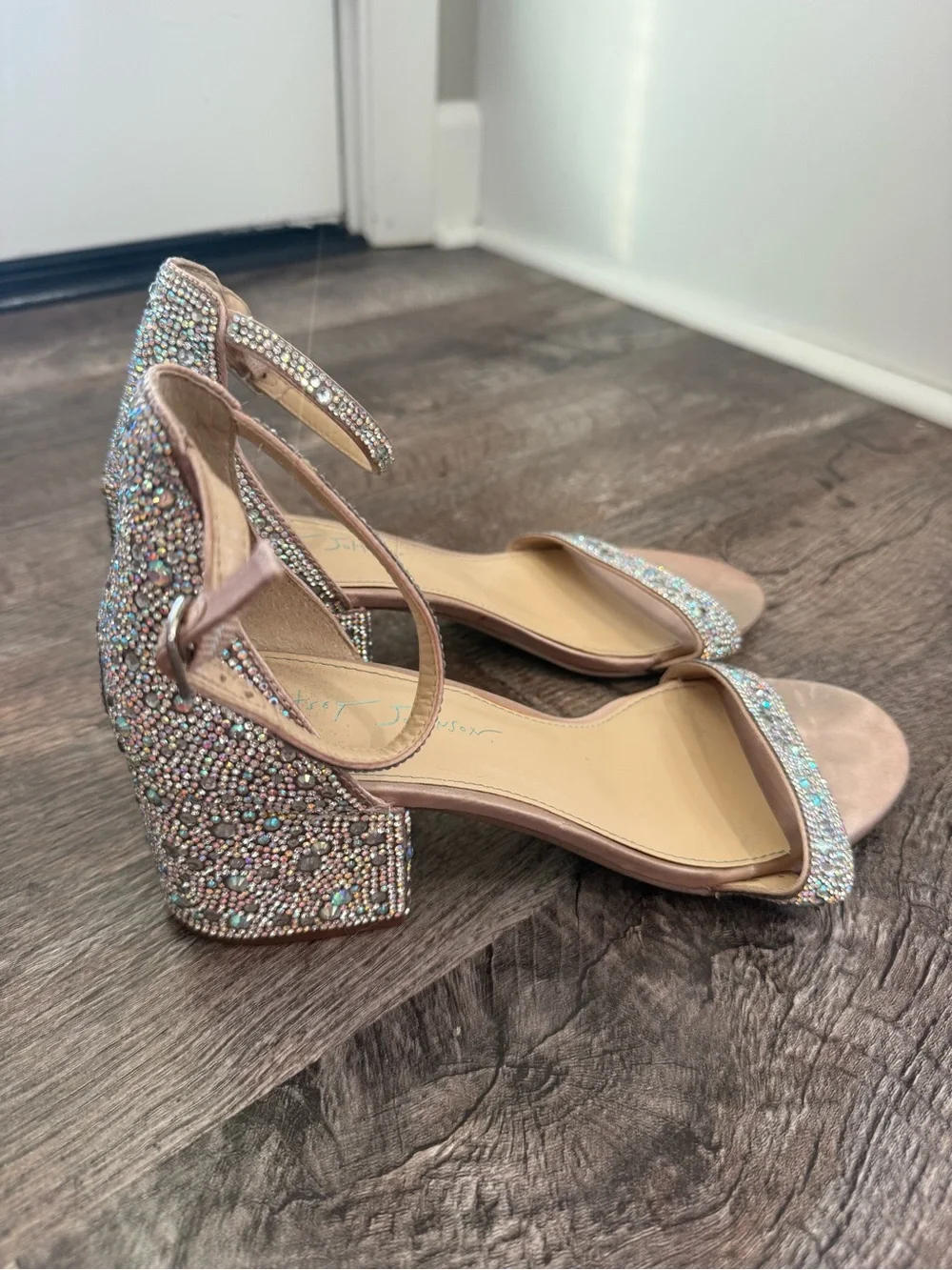 Betsey Johnson Beige Rhinestone Ankle Strap Block Heel Sandals Women's 8.5